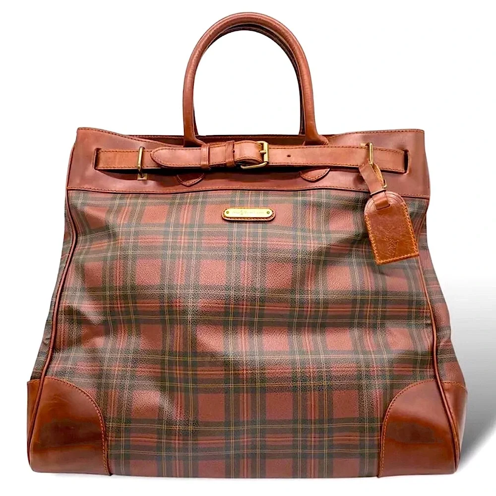 RALPH LAUREN Tall Tartan Plaid Brown Boston Weekend Travel Duffle Doctor Bag